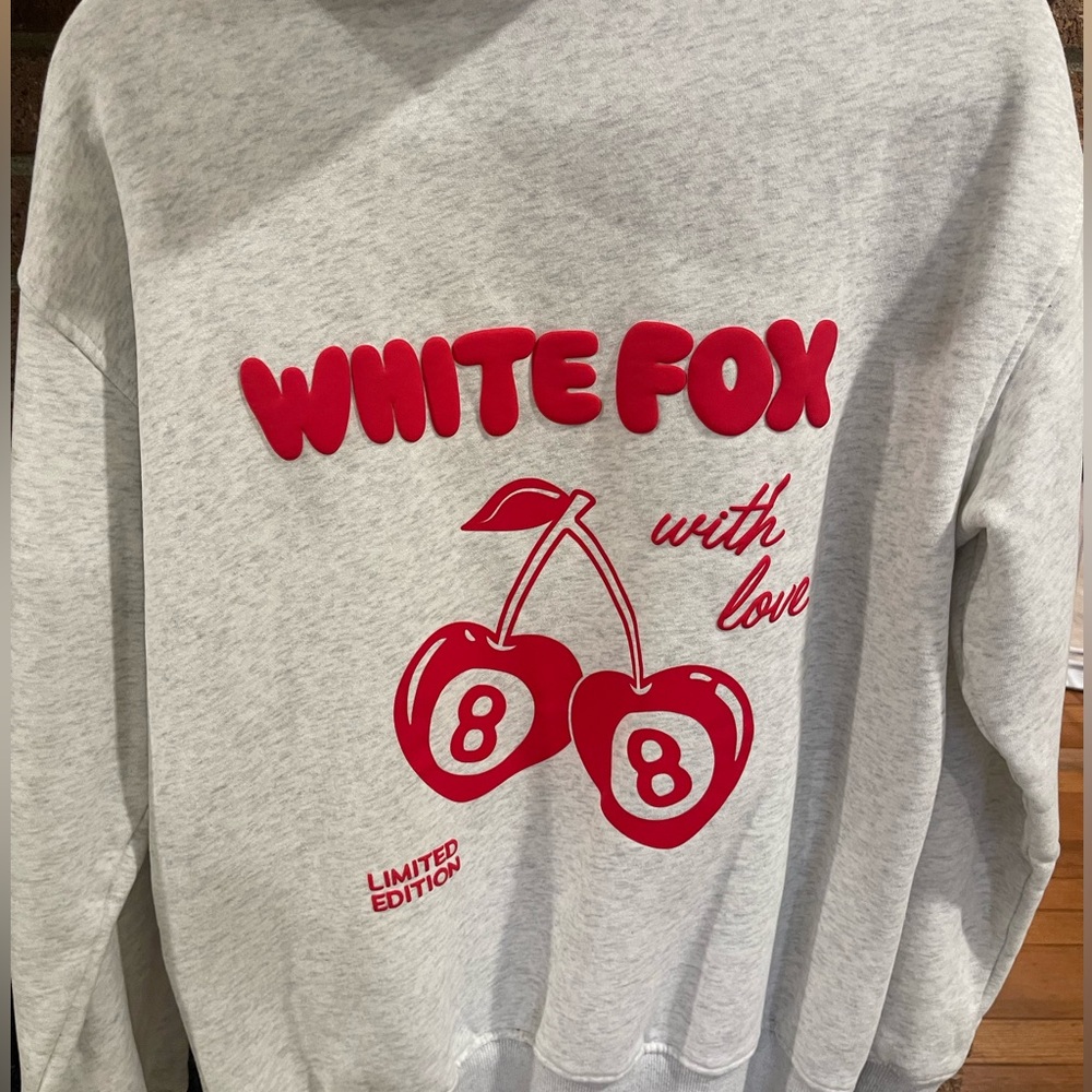 White Fox Gray Hoodie with Red Cherry Design